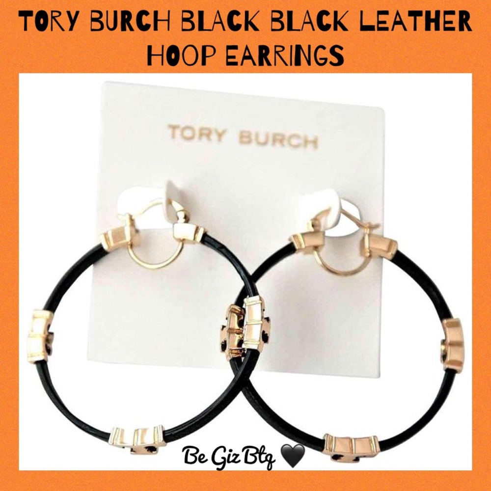 🆕 Authentic TORY BURCH Gold Black Serif T & Leather Hoop Earrings - Picture 6 of 12